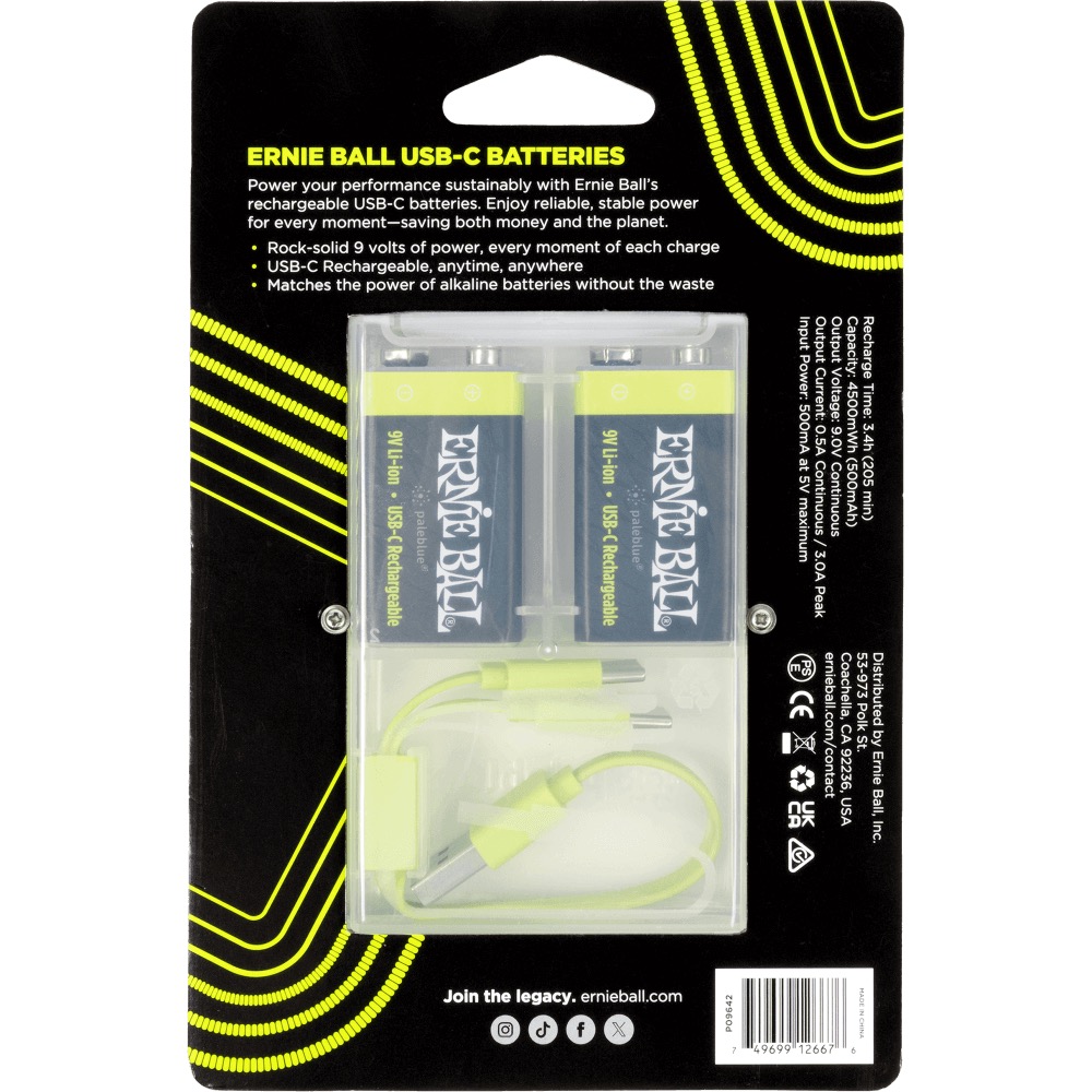Ernie Ball Ernie Ball USB-C Rechargeable 9v Battery by Paleblue (2 Pack) - Misc