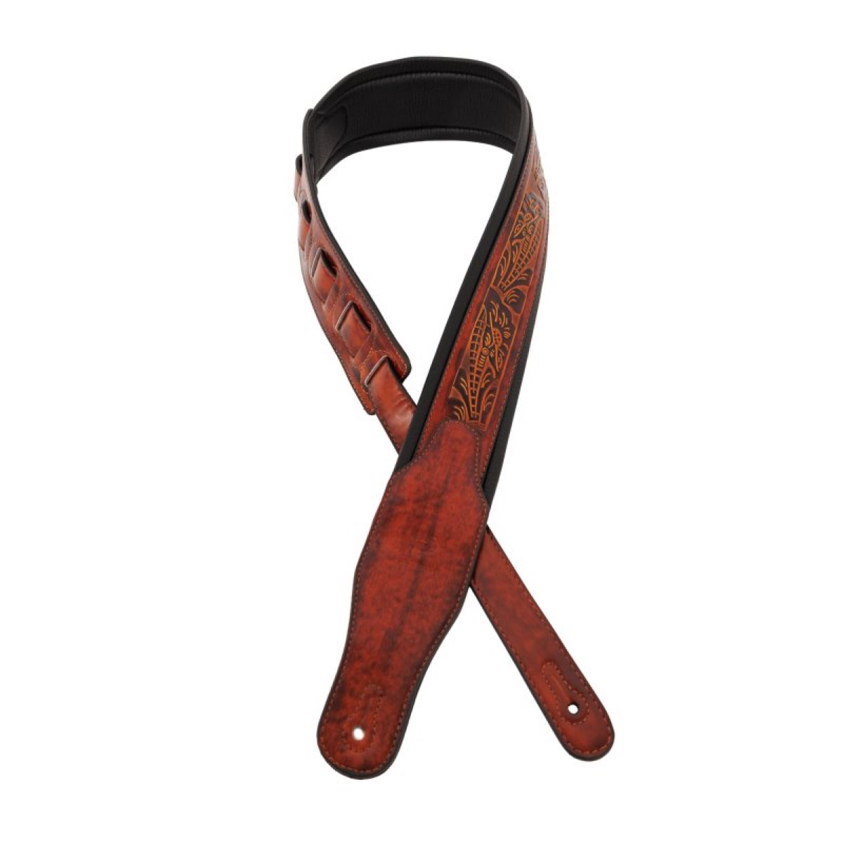 Profile Profile Leather Padded Strap With Tooled Hibiscus Dark Brown - Guitars