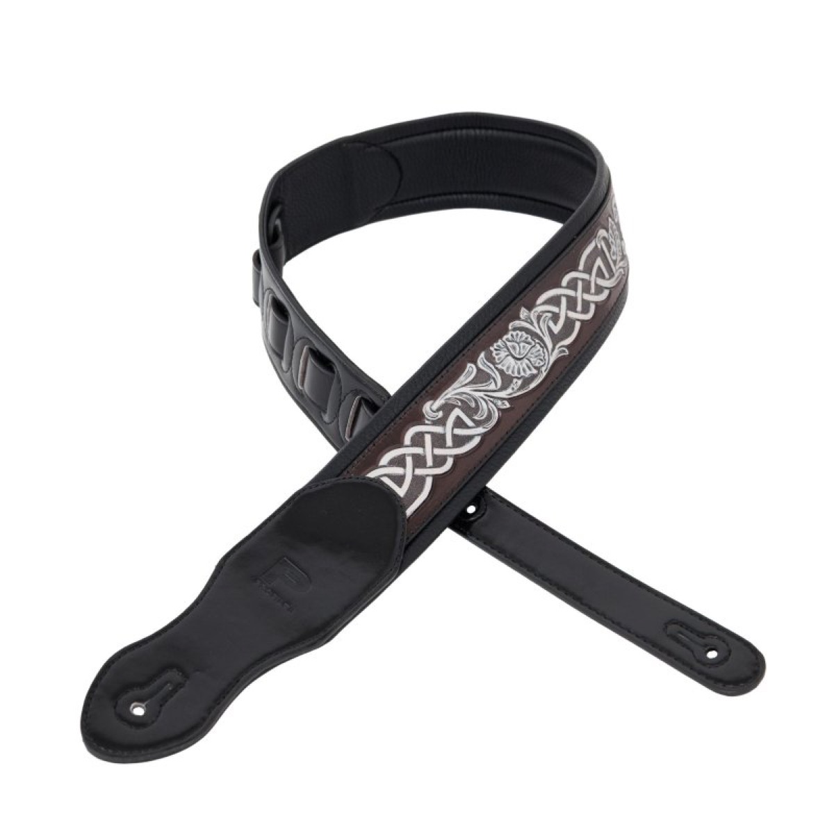 Profile Profile Leather Padded Guitar Strap Silver Celtic Knot Dark Brown - Guitars