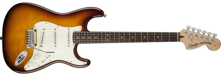 Squier Squier Standard Strat Flamed Top In Amber Sunburst Transparent Rosewood Neck - Guitars